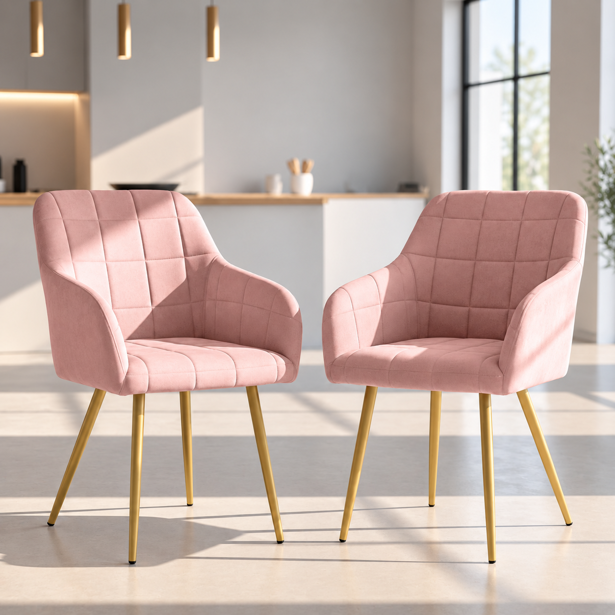 Set 2 scaune dining tapitate cu velur Luxano, cusaturi patrate, picioare aurii, 54x58x82 cm, roz - imagine 7