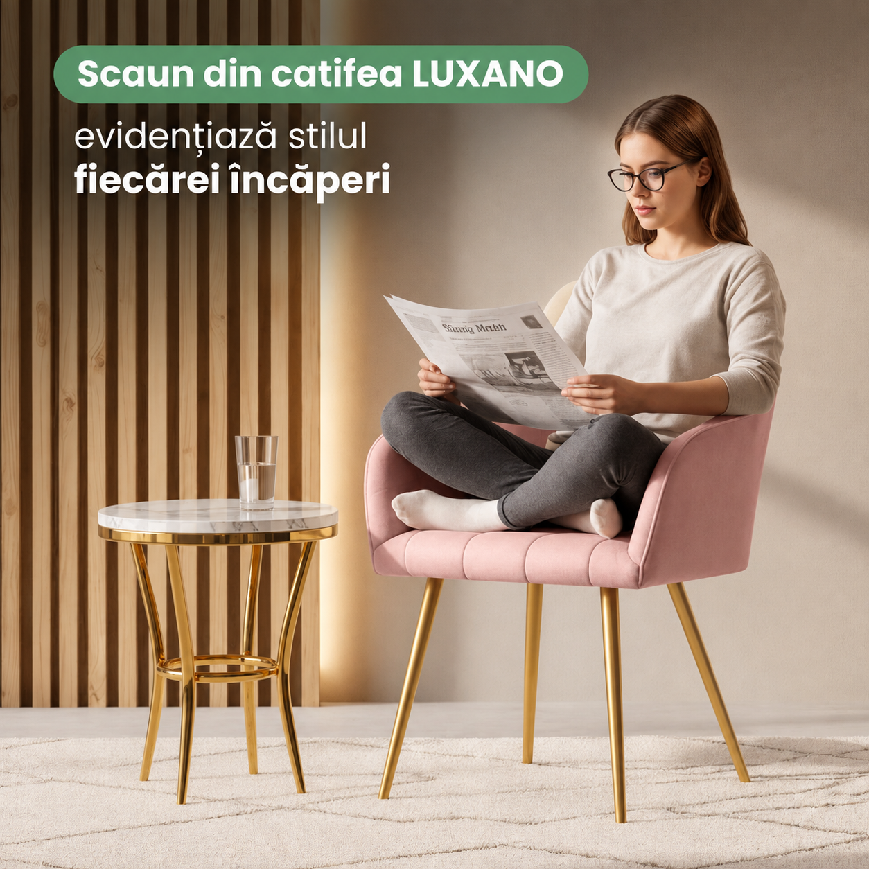 Set 2 scaune dining tapitate cu velur Luxano, cusaturi patrate, picioare aurii, 54x58x82 cm, roz - imagine 11