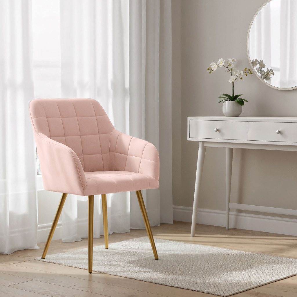 Set 2 scaune dining tapitate cu velur Luxano, cusaturi patrate, picioare aurii, 54x58x82 cm, roz - imagine 12