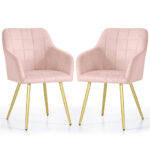 Set 2 scaune dining tapitate cu velur Luxano, cusaturi patrate, picioare aurii, 54x58x82 cm, roz
