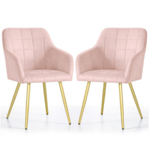 Set 2 scaune dining tapitate cu velur Luxano, cusaturi patrate, picioare aurii, 54x58x82 cm, roz