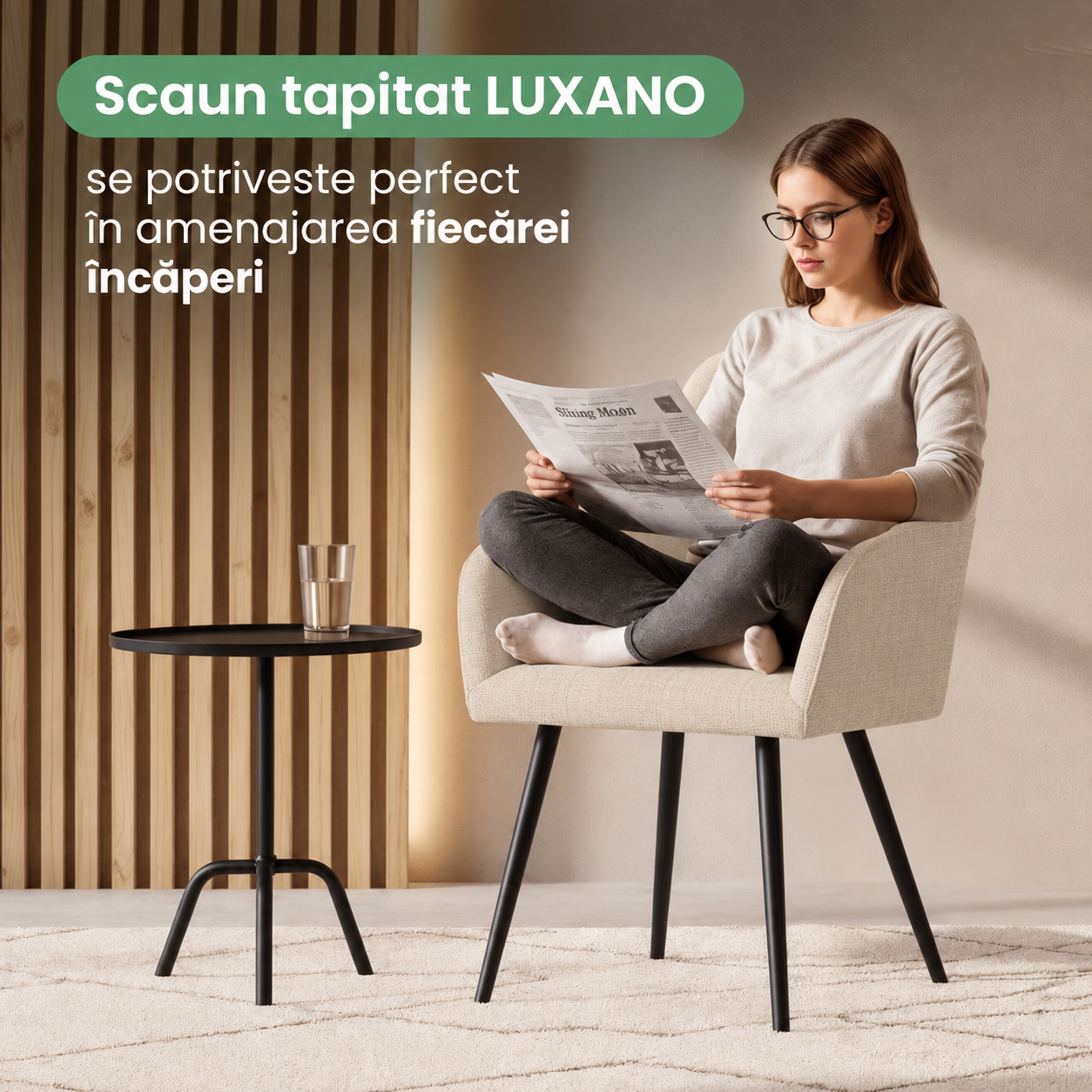 Set 2 scaune dining tapitate cu velur Luxano, cusaturi patrate, 54x58x82 cm, bej - imagine 7