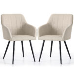 Set 2 scaune dining tapitate cu velur Luxano, cusaturi patrate, 54x58x82 cm, bej
