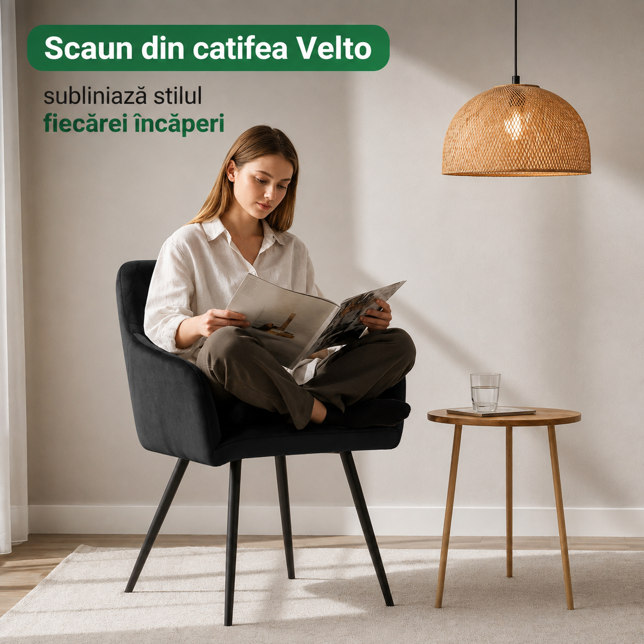 Set 2 scaune dining tapitate Velto, catifea, matlasate cu romburi, 52x58x82 cm, maxim 120 kg, negru - imagine 9