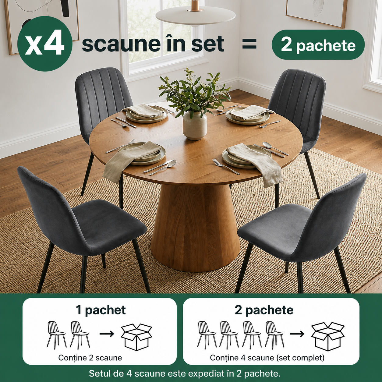 Set 4 scaune tapitate din catifea LUMO, 46x44x87 cm, sezut matlasat, picioare metalice, maxim 130 kg, gri inchis - imagine 7
