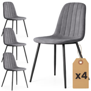 Set 4 scaune tapitate din catifea LUMO, 46x44x87 cm, sezut matlasat, picioare metalice, maxim 130 kg, gri inchis