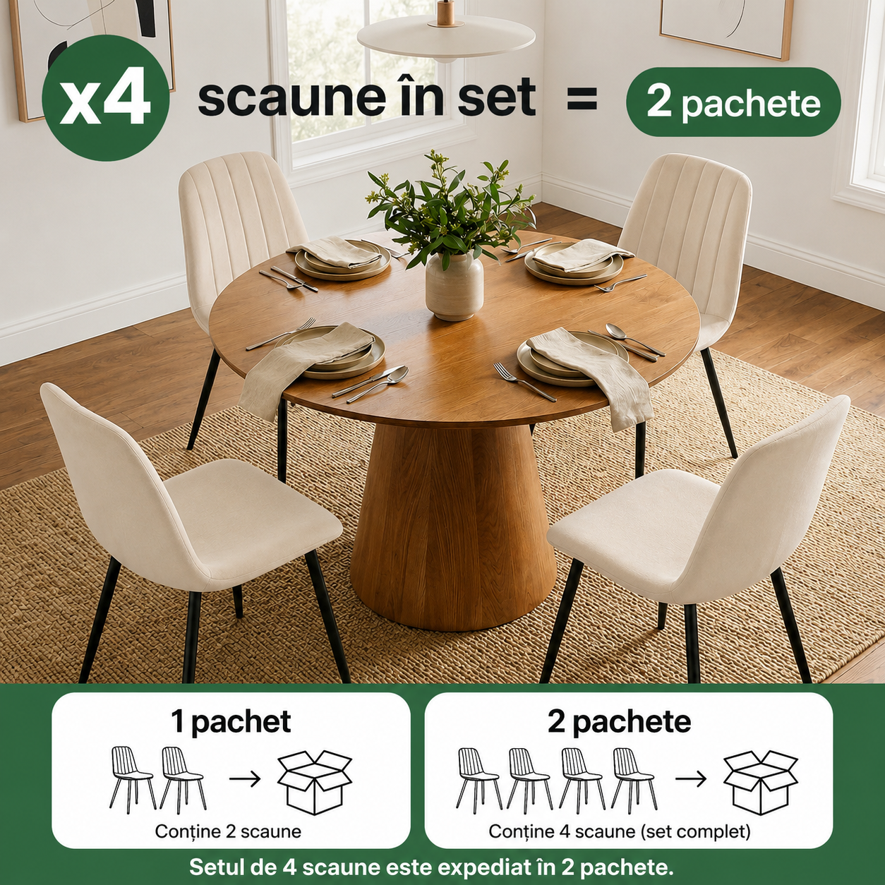 Set 4 scaune tapitate din catifea LUMO, 46x44x87 cm, sezut matlasat, picioare metalice, maxim 130 kg, bej - imagine 7