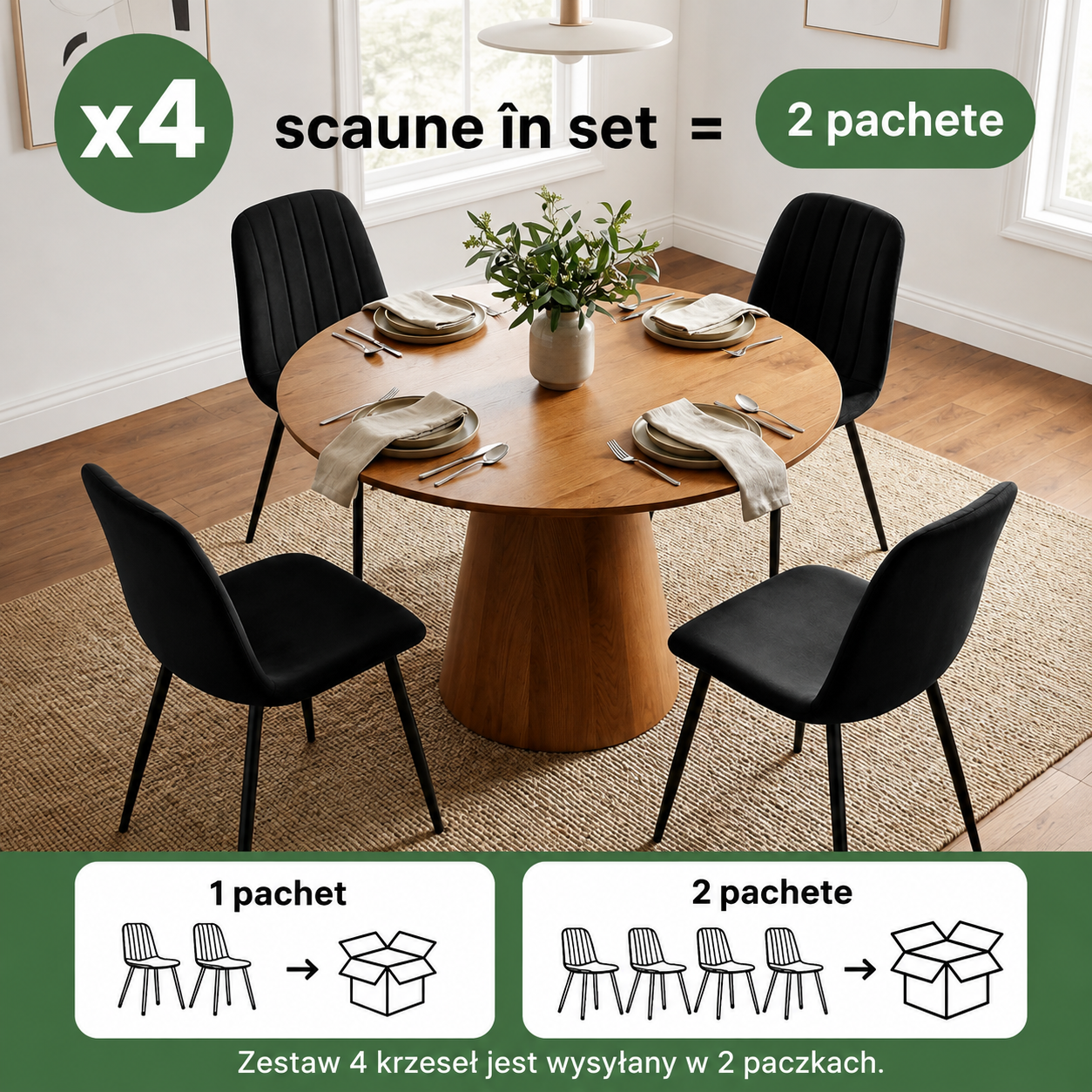 Set 4 scaune tapitate din catifea LUMO, 46x44x87 cm, sezut matlasat, picioare metalice, maxim 130 kg, negru - imagine 7