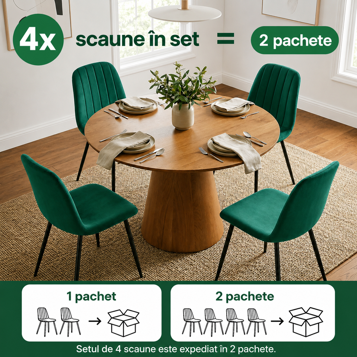 Set 4 scaune tapitate din catifea LUMO, 46x44x87 cm, sezut matlasat, picioare metalice, maxim 130 kg, verde - imagine 5