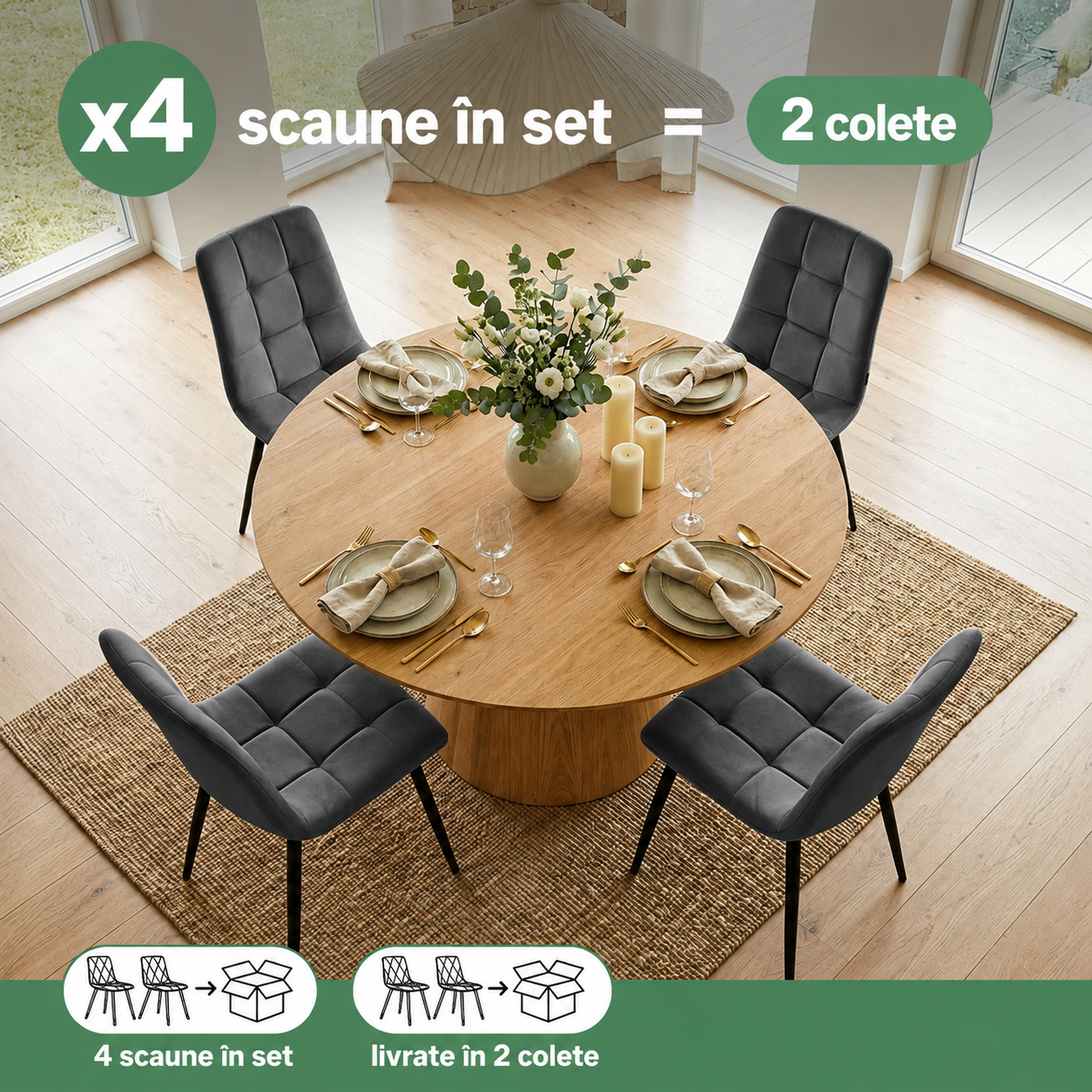 Set 4 scaune dining tapitate Nero din catifea, sezut matlasat, picioare metalice, 46x44x87 cm, maxim 130 kg, grafit inchis - imagine 3