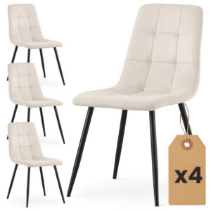 Set 4 scaune dining tapitate Nero din catifea, sezut matlasat, picioare metalice, 46x44x87 cm, maxim 130 kg, bej