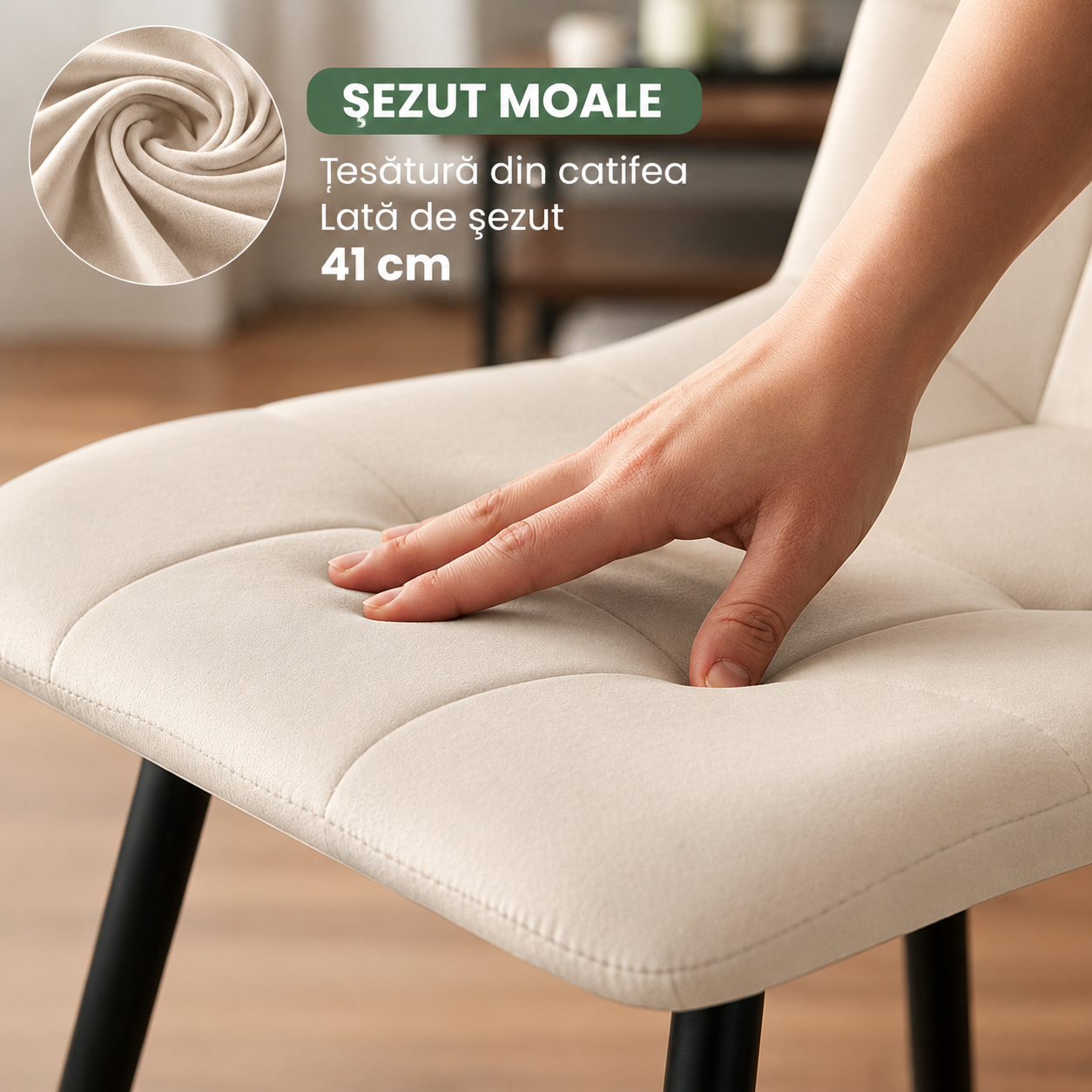 Set 4 scaune dining tapitate Nero din catifea, sezut matlasat, picioare metalice, 46x44x87 cm, maxim 130 kg, bej - imagine 9