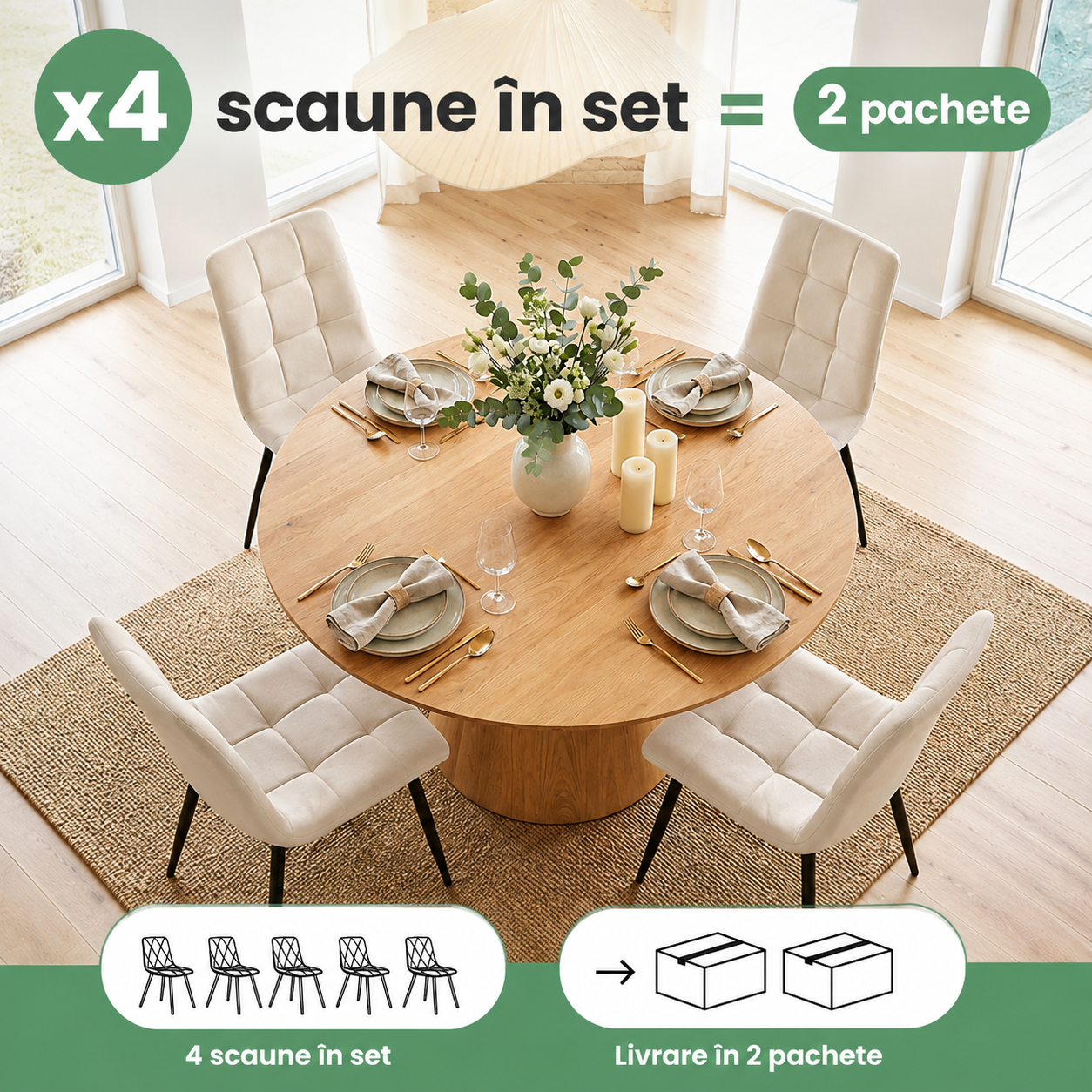 Set 4 scaune dining tapitate Nero din catifea, sezut matlasat, picioare metalice, 46x44x87 cm, maxim 130 kg, bej - imagine 10