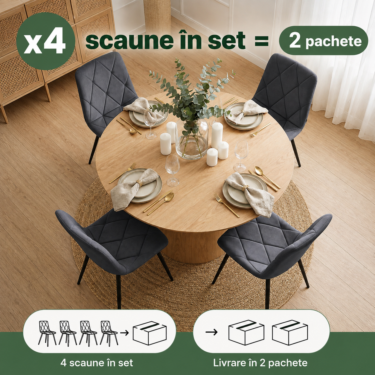 Set 4 scaune tapitate din catifea Milo, sezut matlasat, picioare metalice, 46x44x87 cm, maxim 130 kg, gri grafit - imagine 9