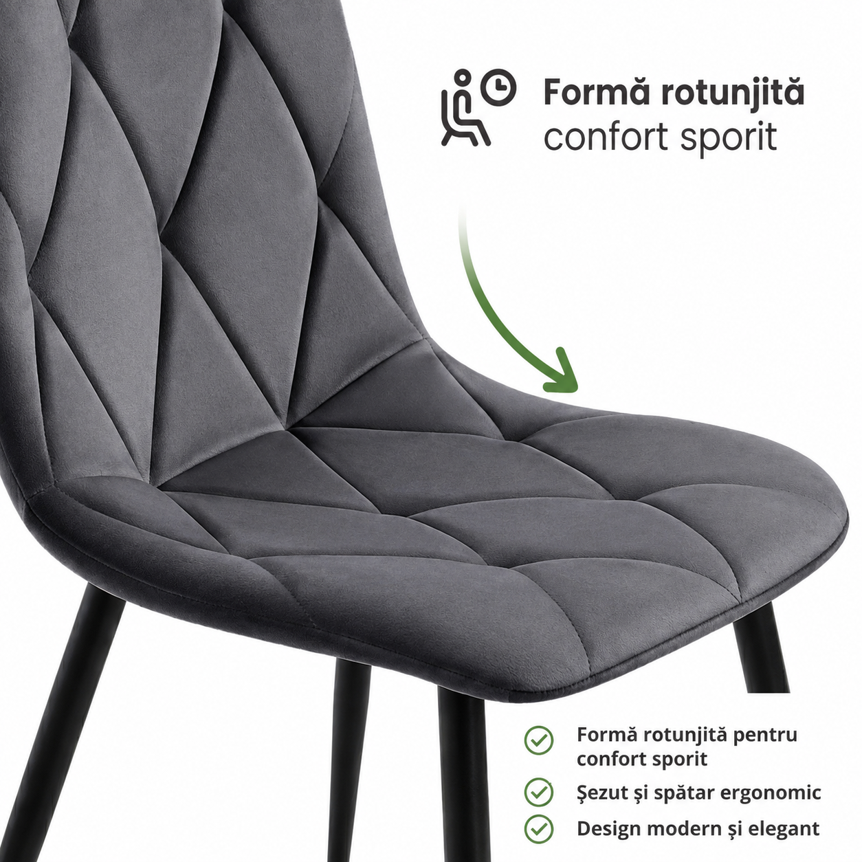 Set 4 scaune tapitate din catifea Milo, sezut matlasat, picioare metalice, 46x44x87 cm, maxim 130 kg, gri grafit - imagine 10