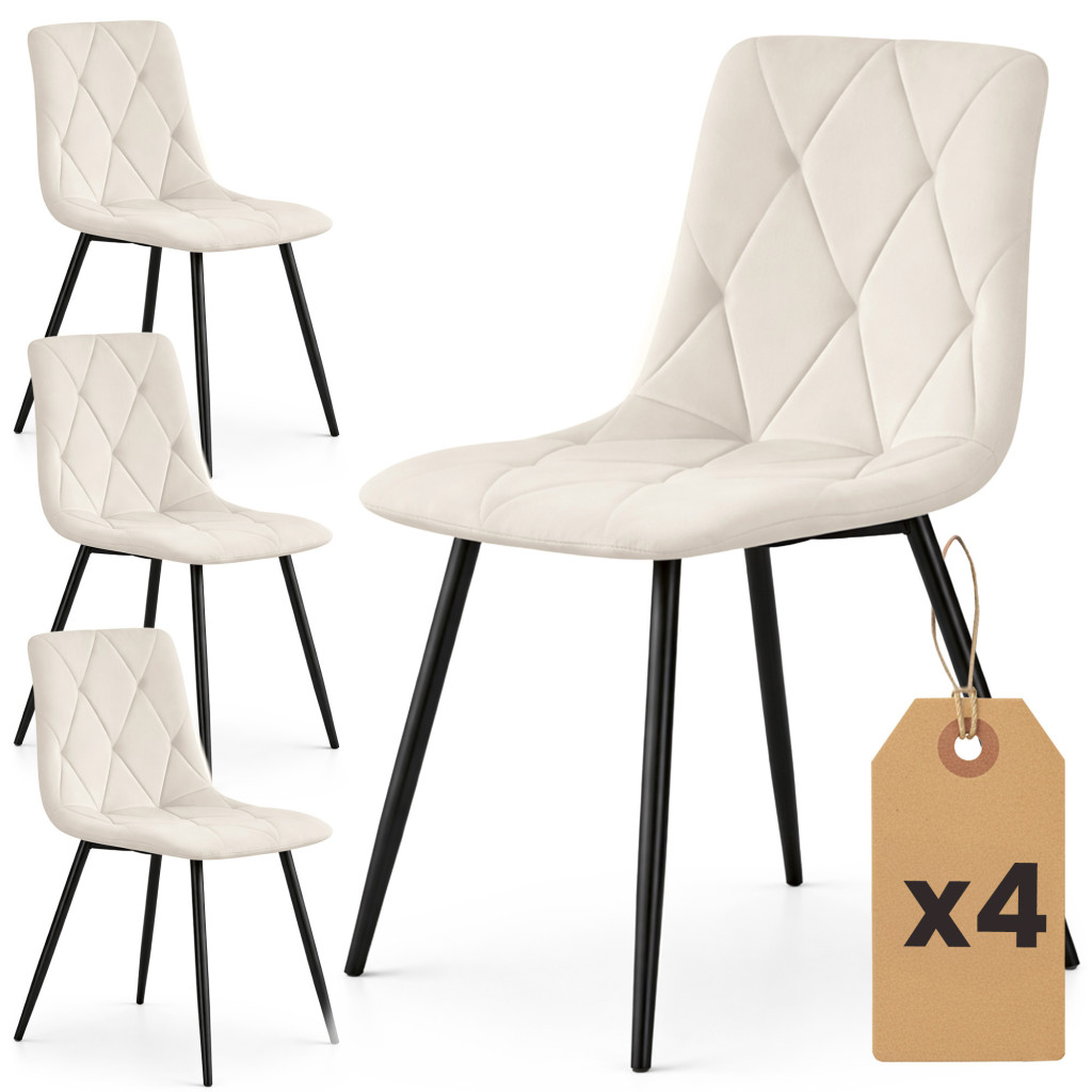 Set 4 scaune tapitate din catifea Milo, sezut matlasat, picioare metalice, 46x44x87 cm, maxim 130 kg, bej
