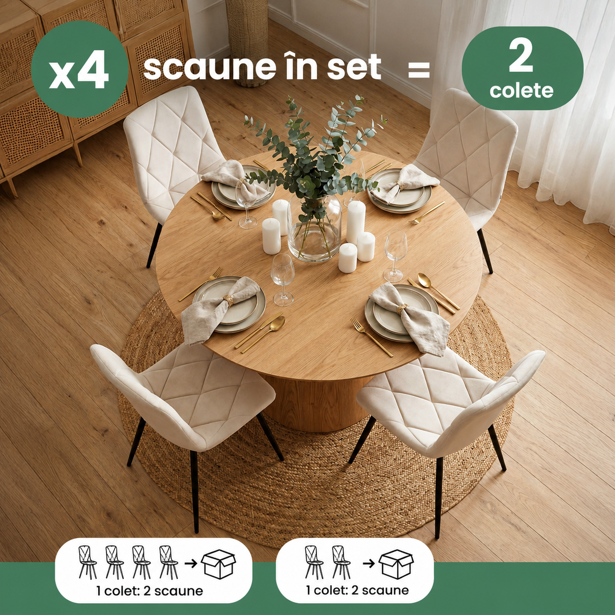 Set 4 scaune tapitate din catifea Milo, sezut matlasat, picioare metalice, 46x44x87 cm, maxim 130 kg, bej - imagine 10