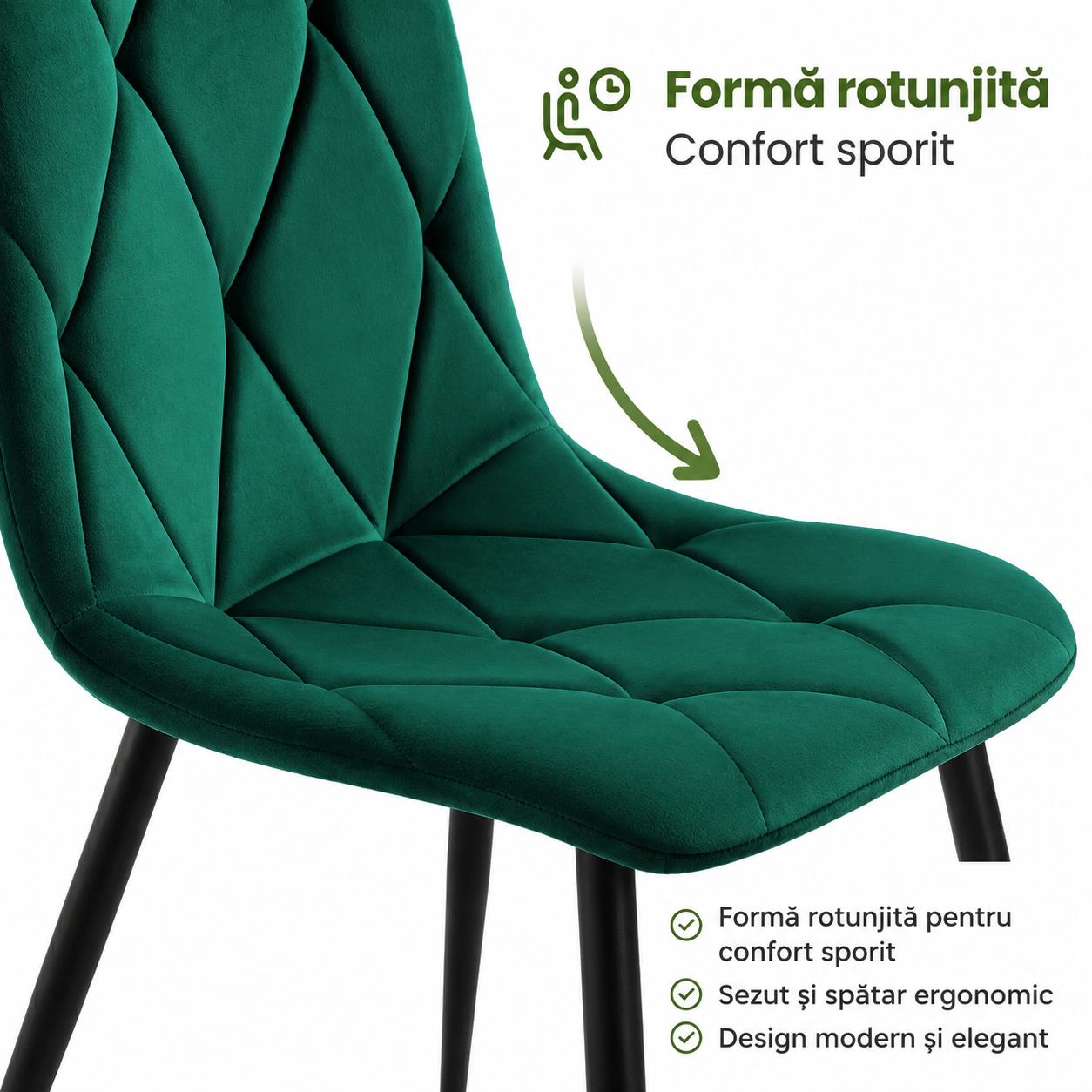 Set 4 scaune tapitate din catifea Milo, sezut matlasat, picioare metalice, 46x44x87 cm, maxim 130 kg, verde - imagine 7