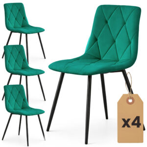 Set 4 scaune tapitate din catifea Milo, sezut matlasat, picioare metalice, 46x44x87 cm, maxim 130 kg, verde