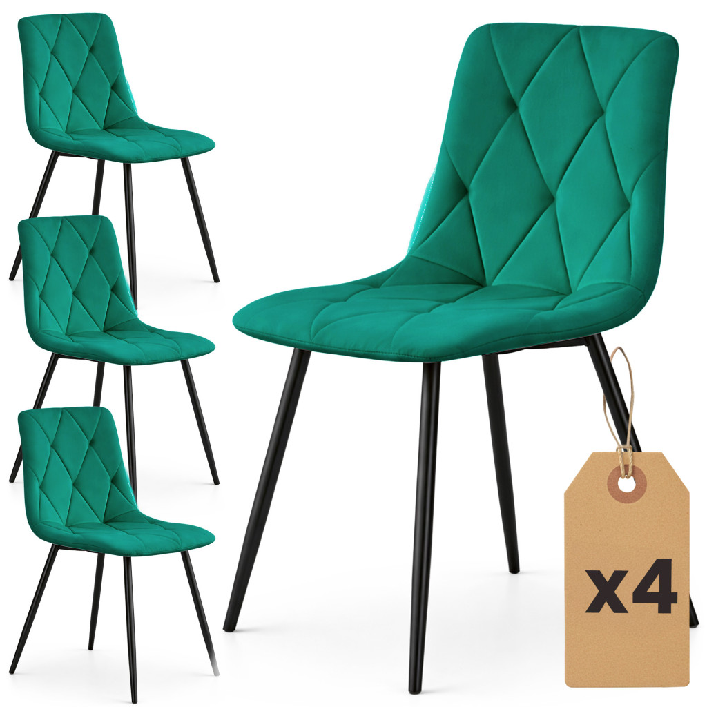 Set 4 scaune tapitate din catifea Milo, sezut matlasat, picioare metalice, 46x44x87 cm, maxim 130 kg, verde