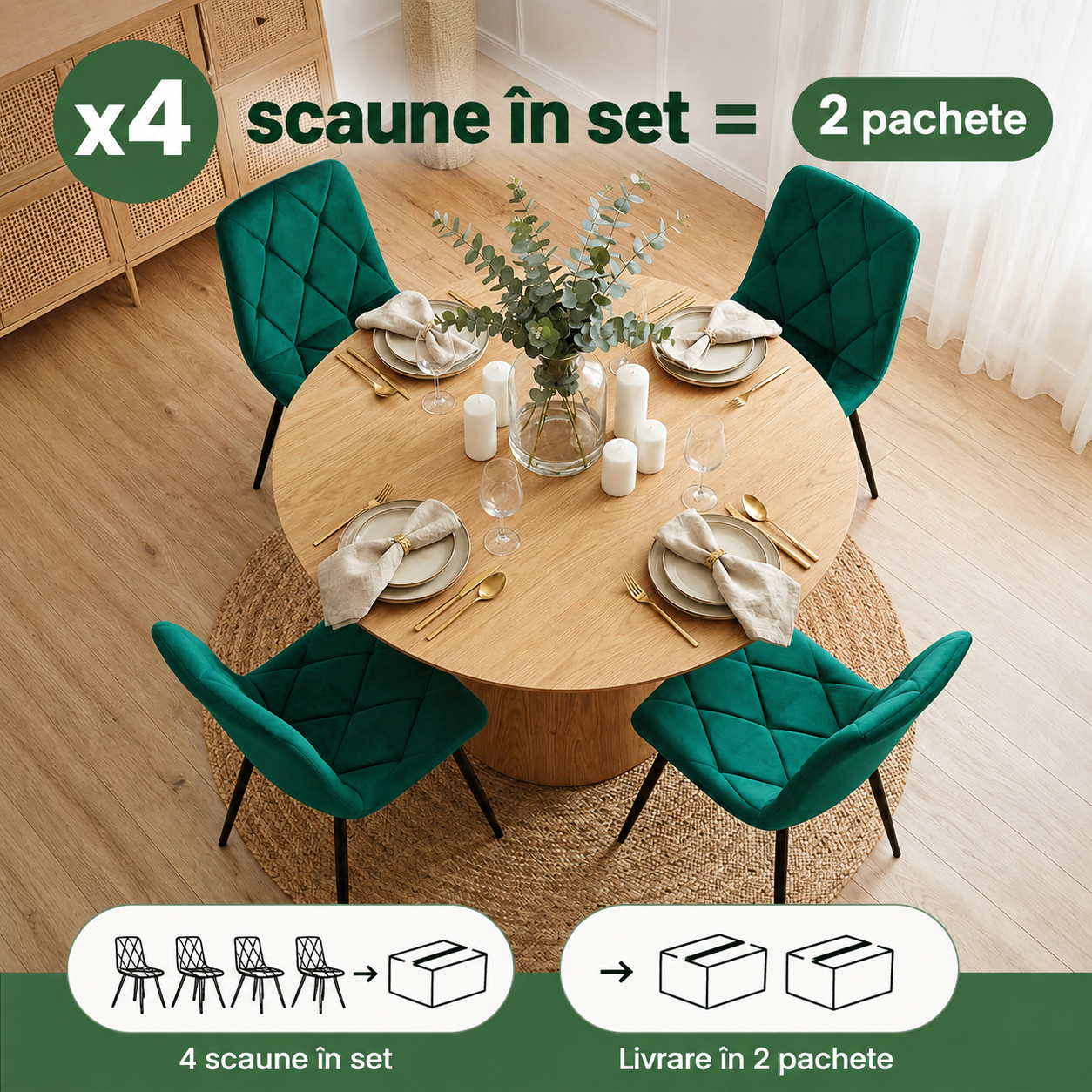 Set 4 scaune tapitate din catifea Milo, sezut matlasat, picioare metalice, 46x44x87 cm, maxim 130 kg, verde - imagine 9