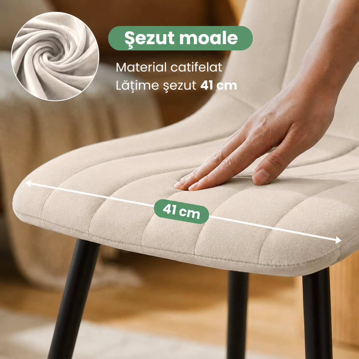 Set 4 scaune dining tapitate din catifea, capitonate Livo, 46x44x87 cm, maxim 130 kg, bej - imagine 2