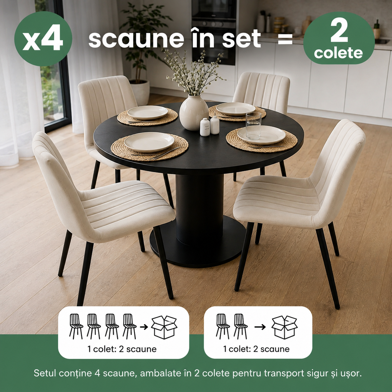 Set 4 scaune dining tapitate din catifea, capitonate Livo, 46x44x87 cm, maxim 130 kg, bej - imagine 4