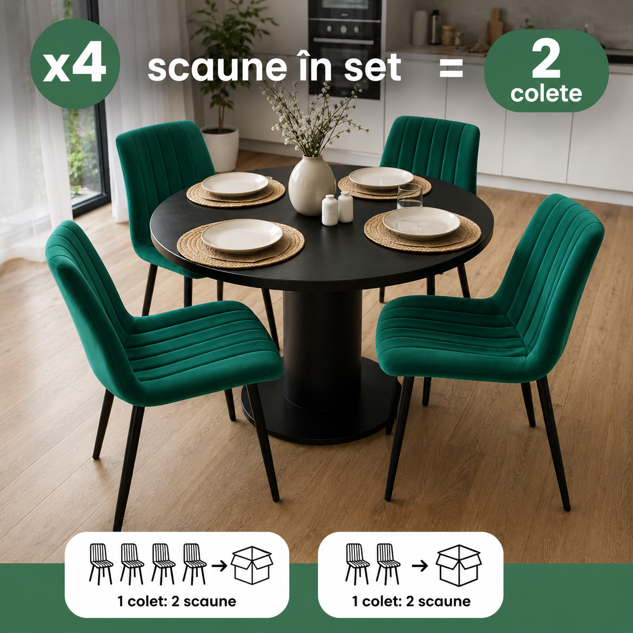 Set 4 scaune dining tapitate din catifea, capitonate Livo, 46x44x87 cm, maxim 130 kg, verde - imagine 9