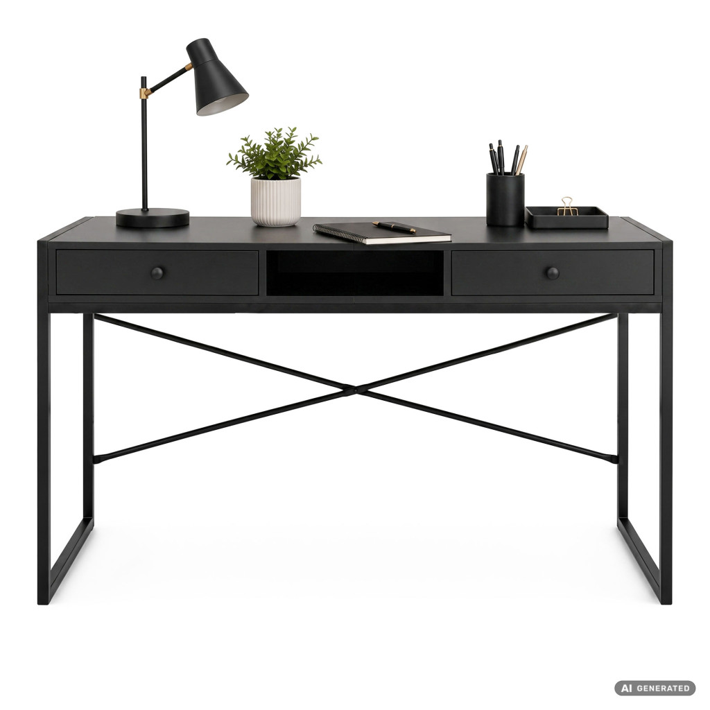 Birou stil industrial, MDF melaminat, cu 2 sertare si raft, cadru metalic, 123x48x81 cm, negru - imagine 2