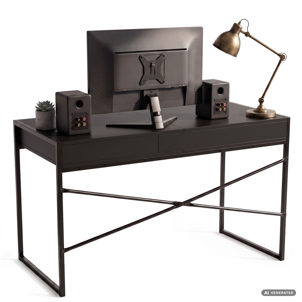Birou stil industrial, MDF melaminat, cu 2 sertare si raft, cadru metalic, 123x48x81 cm, negru - imagine 4