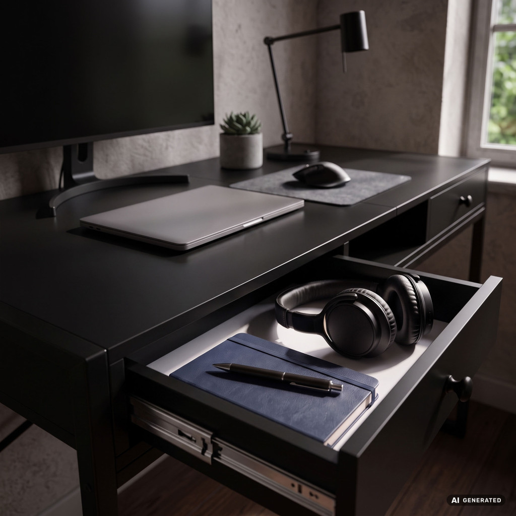 Birou stil industrial, MDF melaminat, cu 2 sertare si raft, cadru metalic, 123x48x81 cm, negru - imagine 6