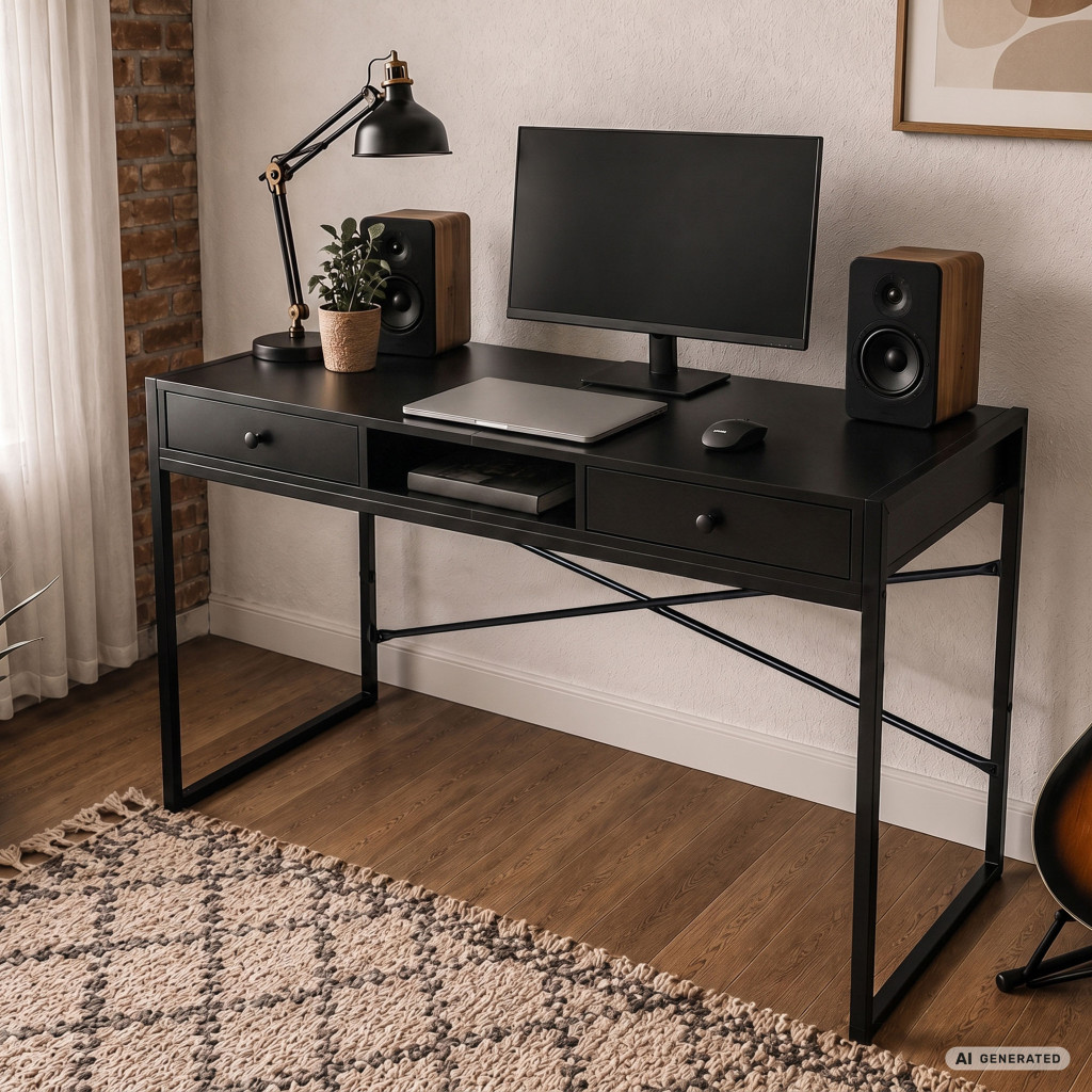 Birou stil industrial, MDF melaminat, cu 2 sertare si raft, cadru metalic, 123x48x81 cm, negru - imagine 8