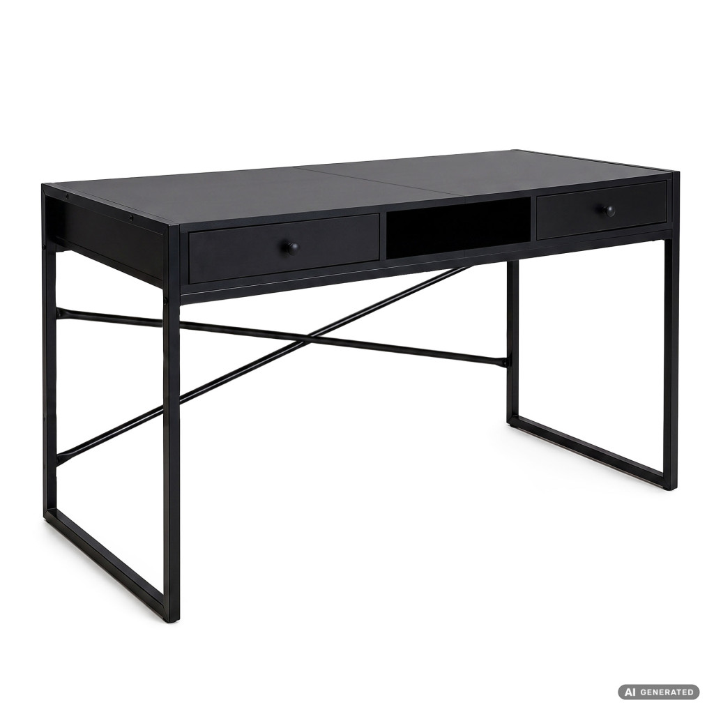 Birou stil industrial, MDF melaminat, cu 2 sertare si raft, cadru metalic, 123x48x81 cm, negru