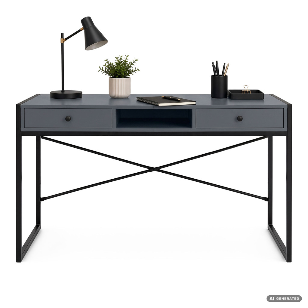 Birou stil industrial, MDF melaminat, cu 2 sertare si raft, cadru metalic, 123x48x81 cm, gri grafit - imagine 2