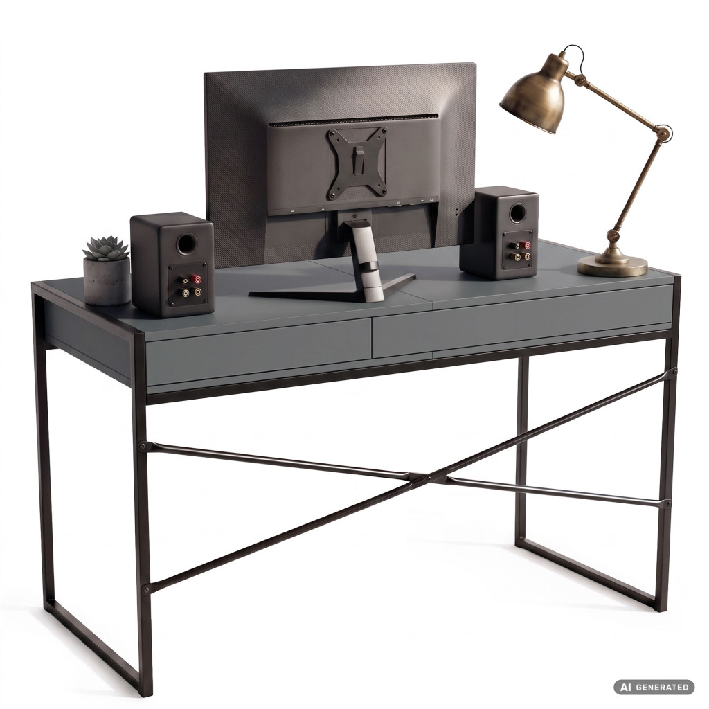 Birou stil industrial, MDF melaminat, cu 2 sertare si raft, cadru metalic, 123x48x81 cm, gri grafit - imagine 4