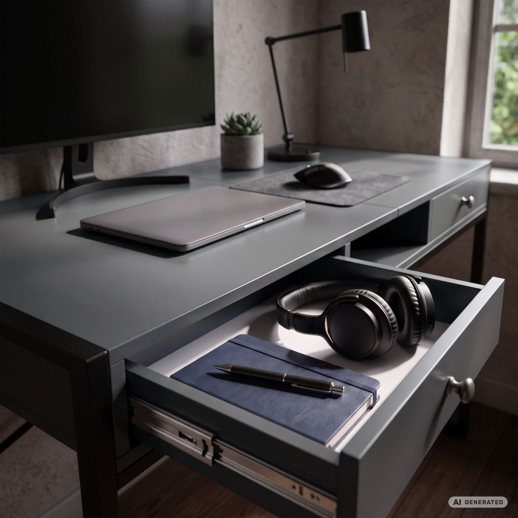 Birou stil industrial, MDF melaminat, cu 2 sertare si raft, cadru metalic, 123x48x81 cm, gri grafit - imagine 6