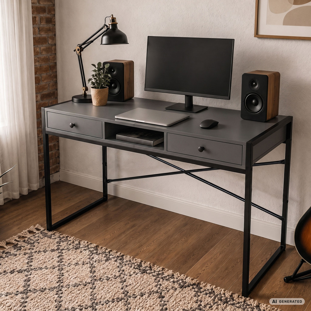 Birou stil industrial, MDF melaminat, cu 2 sertare si raft, cadru metalic, 123x48x81 cm, gri grafit - imagine 8