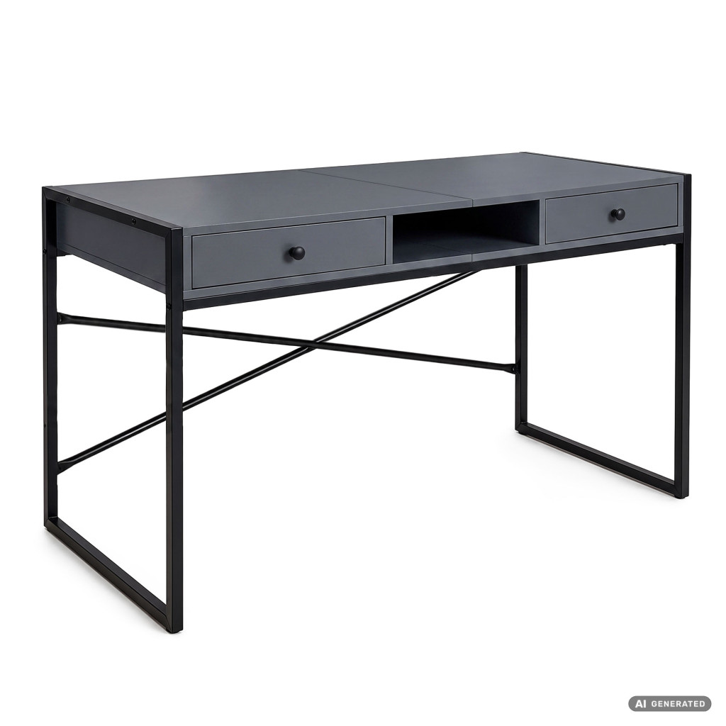 Birou stil industrial, MDF melaminat, cu 2 sertare si raft, cadru metalic, 123x48x81 cm, gri grafit