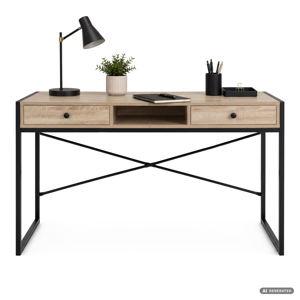 Birou stil industrial, MDF melaminat, cu 2 sertare si raft, cadru metalic, 123x48x81 cm, stejar sonoma - imagine 2