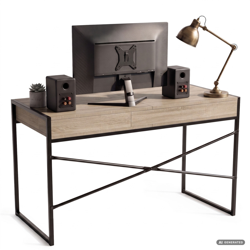 Birou stil industrial, MDF melaminat, cu 2 sertare si raft, cadru metalic, 123x48x81 cm, stejar sonoma - imagine 4