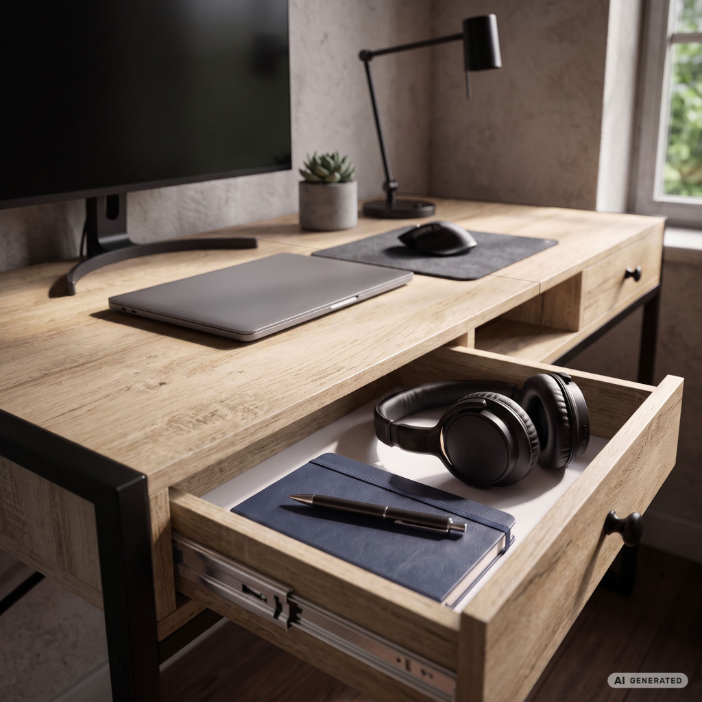 Birou stil industrial, MDF melaminat, cu 2 sertare si raft, cadru metalic, 123x48x81 cm, stejar sonoma - imagine 6