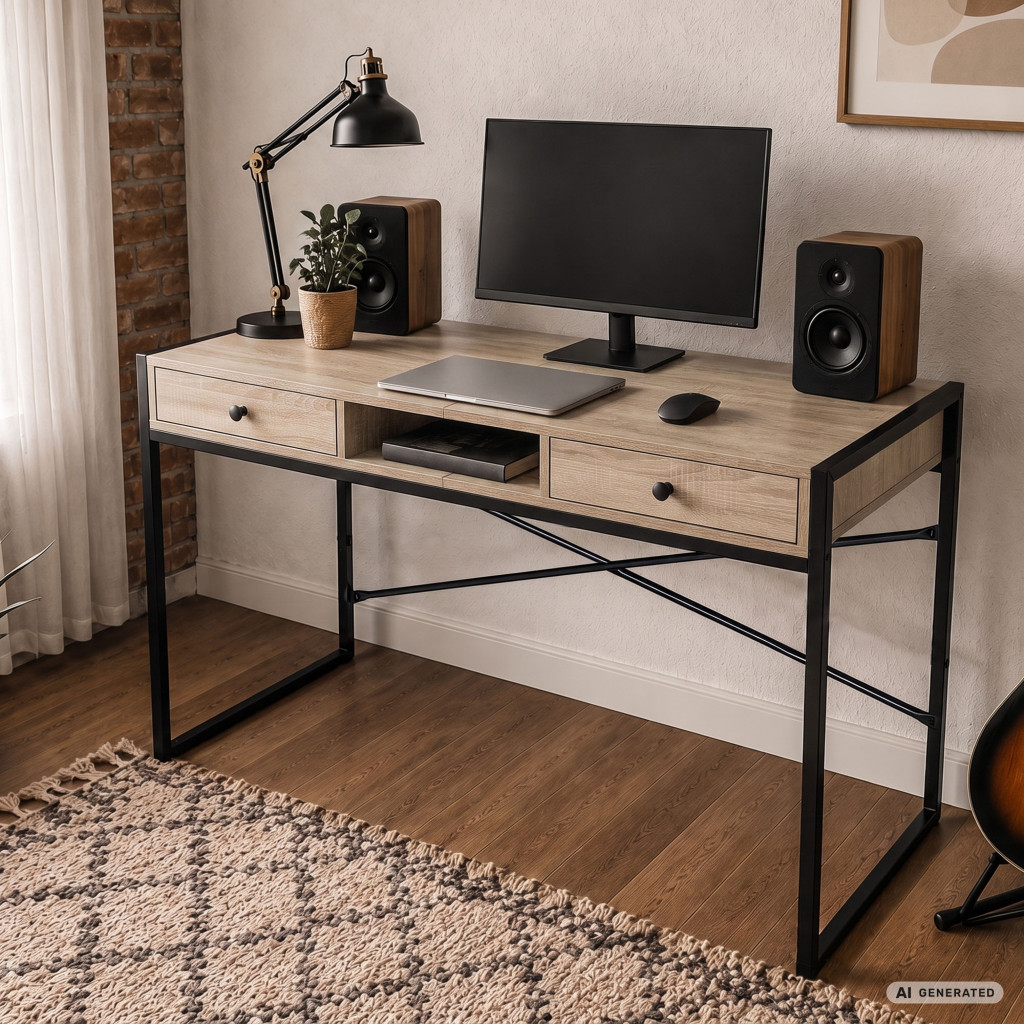 Birou stil industrial, MDF melaminat, cu 2 sertare si raft, cadru metalic, 123x48x81 cm, stejar sonoma - imagine 8