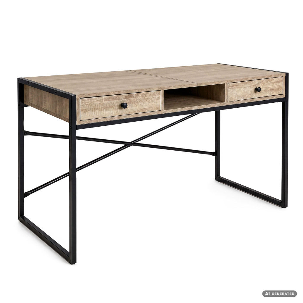 Birou stil industrial, MDF melaminat, cu 2 sertare si raft, cadru metalic, 123x48x81 cm, stejar sonoma