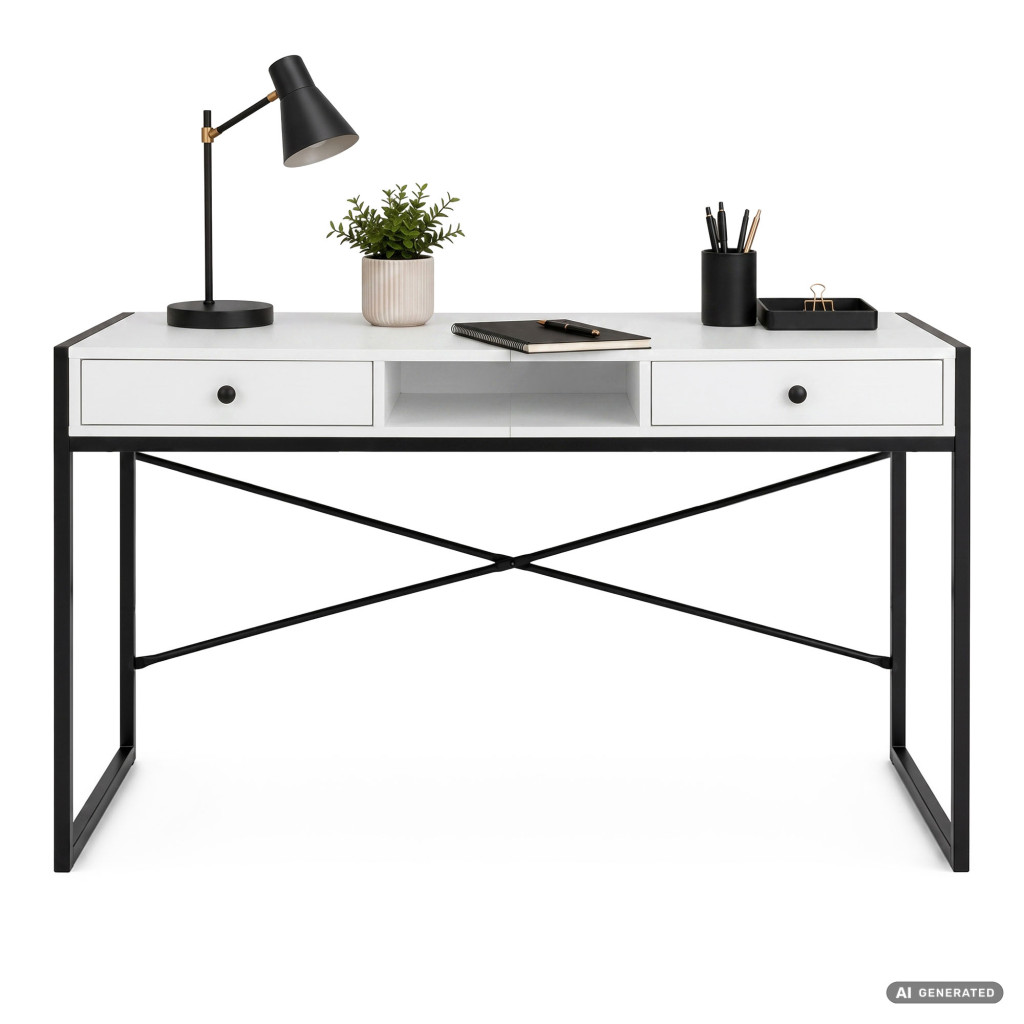 Birou stil industrial, MDF melaminat, cu 2 sertare si raft, cadru metalic, 123x48x81 cm, alb - imagine 2