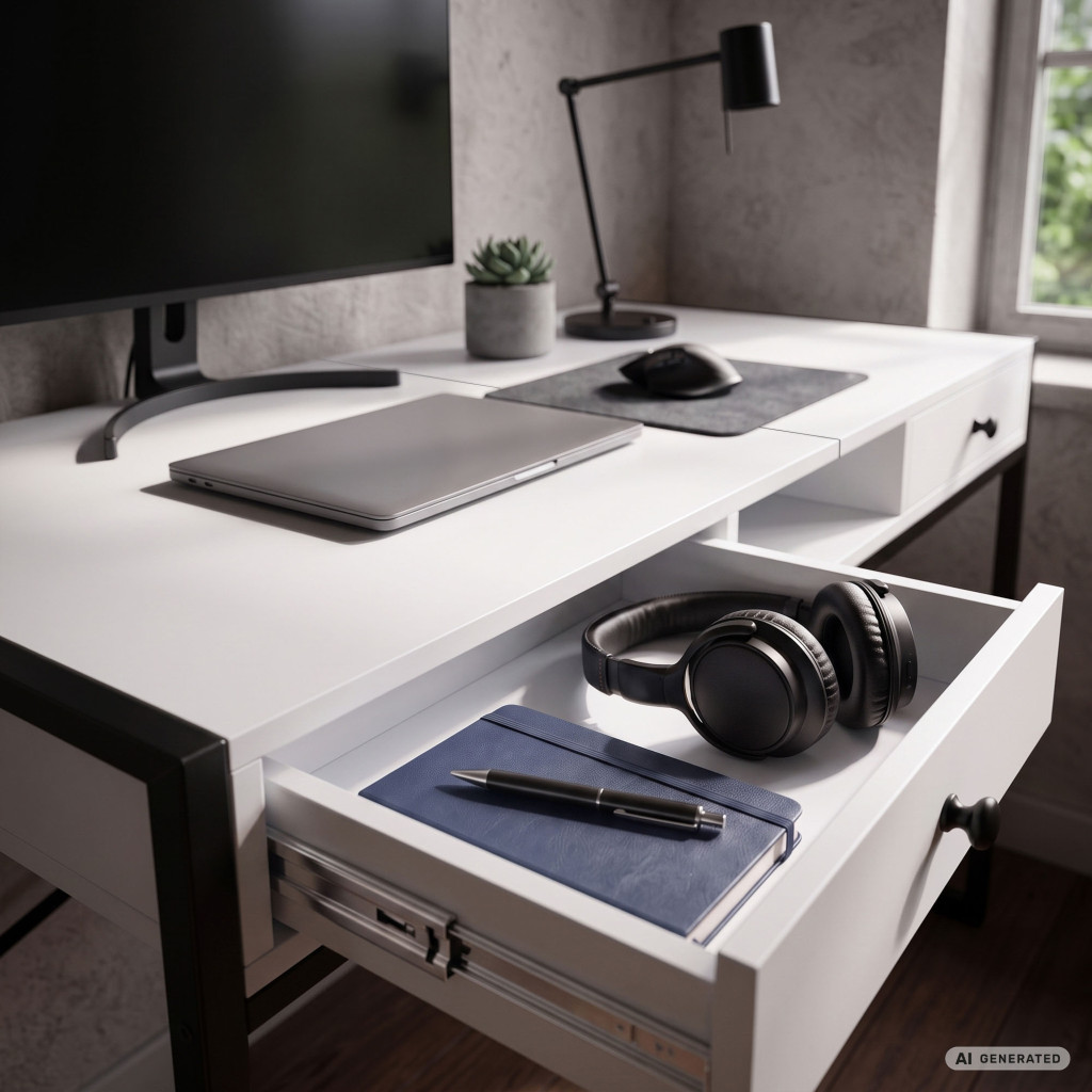 Birou stil industrial, MDF melaminat, cu 2 sertare si raft, cadru metalic, 123x48x81 cm, alb - imagine 5