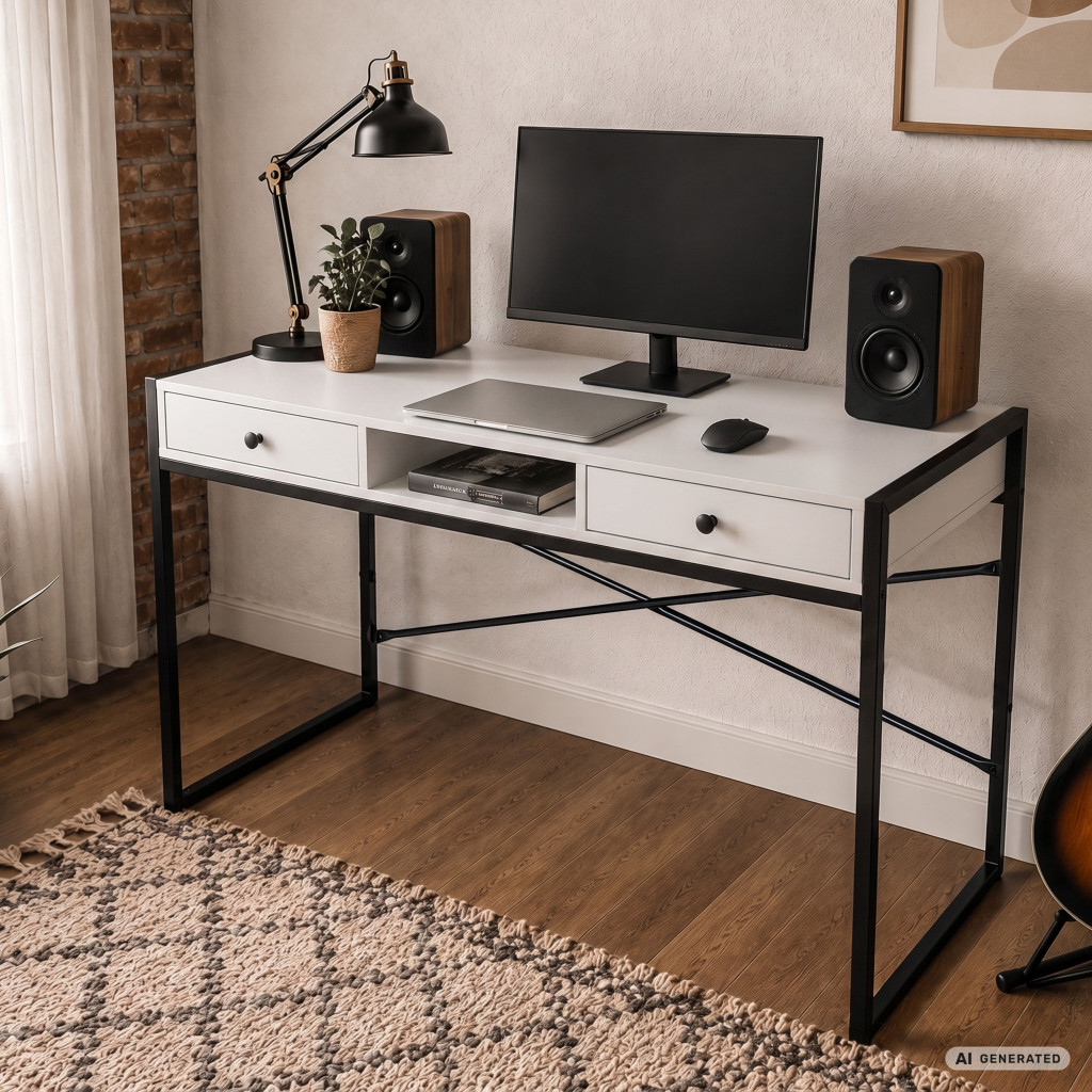 Birou stil industrial, MDF melaminat, cu 2 sertare si raft, cadru metalic, 123x48x81 cm, alb - imagine 7