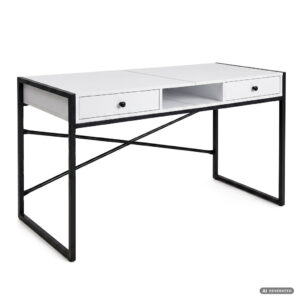 Birou stil industrial, MDF melaminat, cu 2 sertare si raft, cadru metalic, 123x48x81 cm, alb