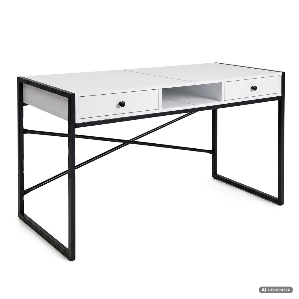 Birou stil industrial, MDF melaminat, cu 2 sertare si raft, cadru metalic, 123x48x81 cm, alb