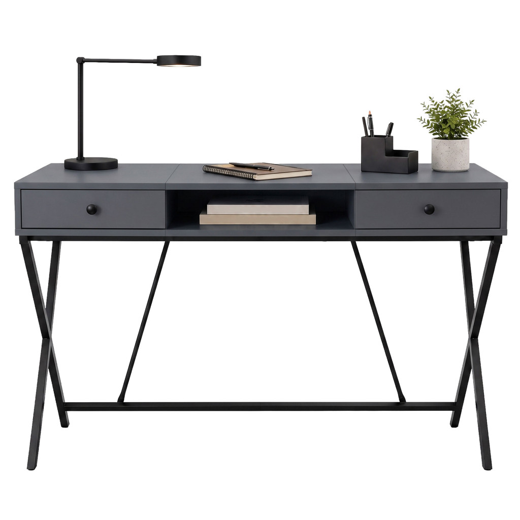 Birou stil industrial, MDF melaminat, cu 2 sertare si raft, cadru metalic, 120x50x81 cm, gri grafit - imagine 2