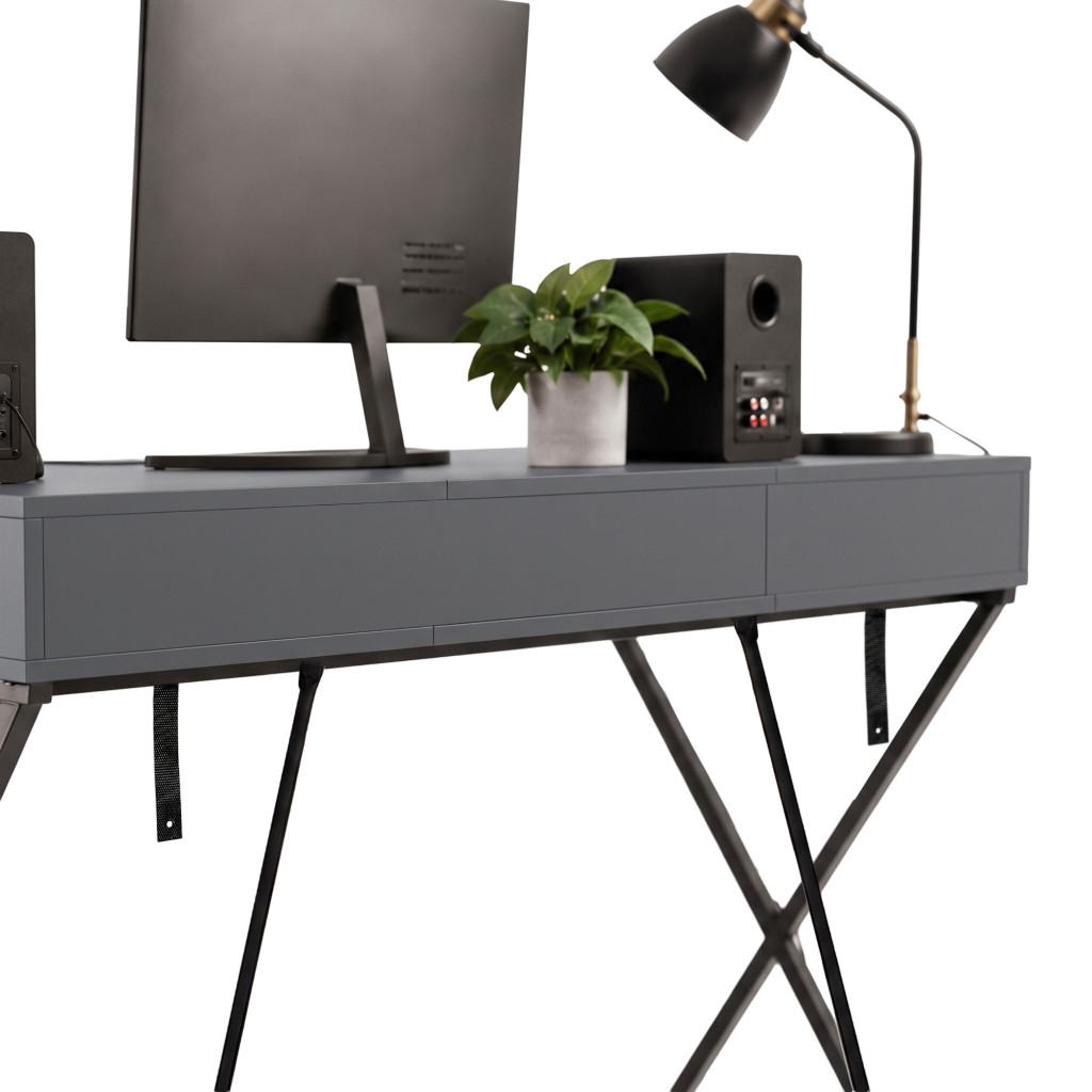 Birou stil industrial, MDF melaminat, cu 2 sertare si raft, cadru metalic, 120x50x81 cm, gri grafit - imagine 4